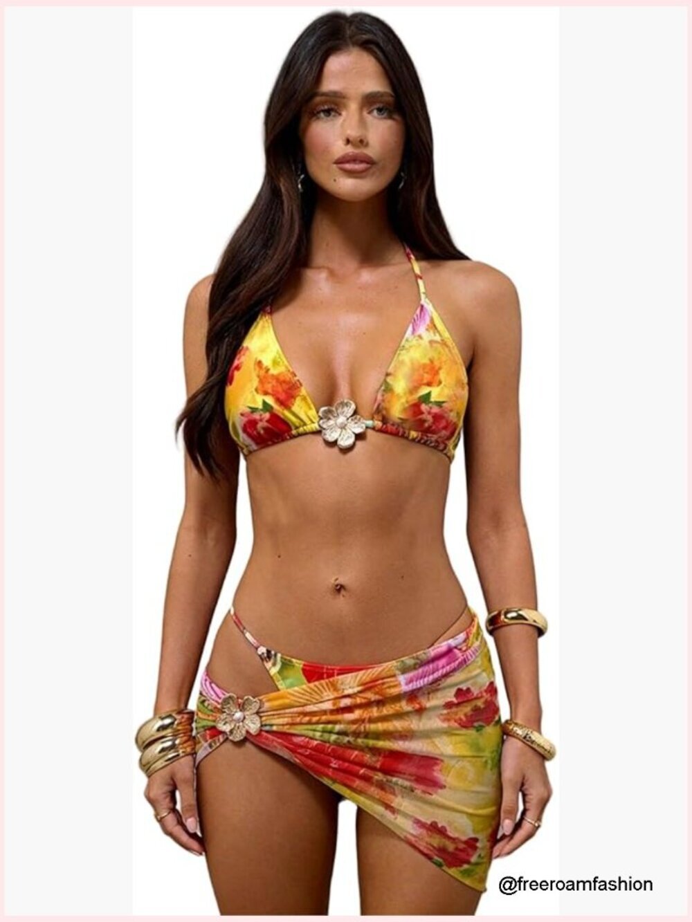 Women's 3 Piece Floral Bikini Set Halter Triangle with Cover Up Skirt